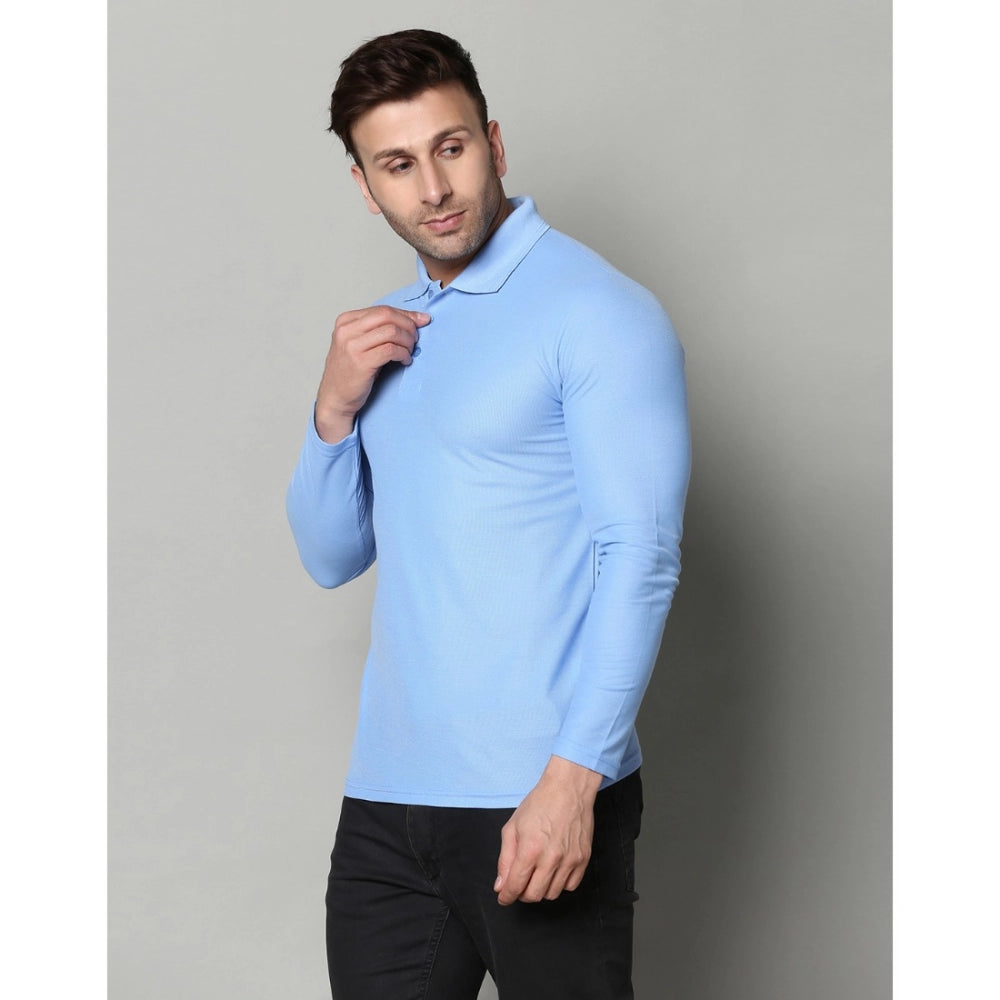 Men's Casual Full Sleeve Solid Cotton Blended Polo Neck T-shirt (Sky)