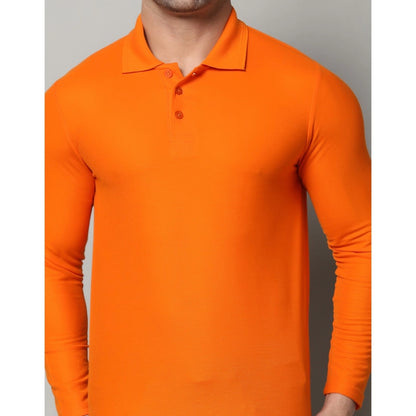 Men's Casual Full Sleeve Solid Cotton Blended Polo Neck T-shirt (Orange)