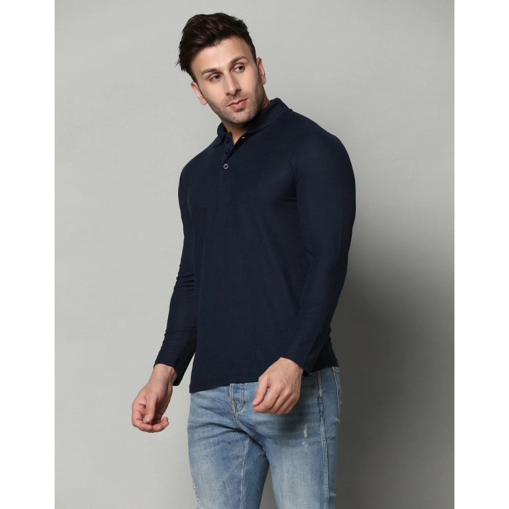 Men's Casual Full Sleeve Solid Cotton Blended Polo Neck T-shirt (Navy)