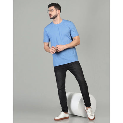 Men's Casual Half Sleeve Solid Cotton Blended Round Neck T-shirt (Sky)