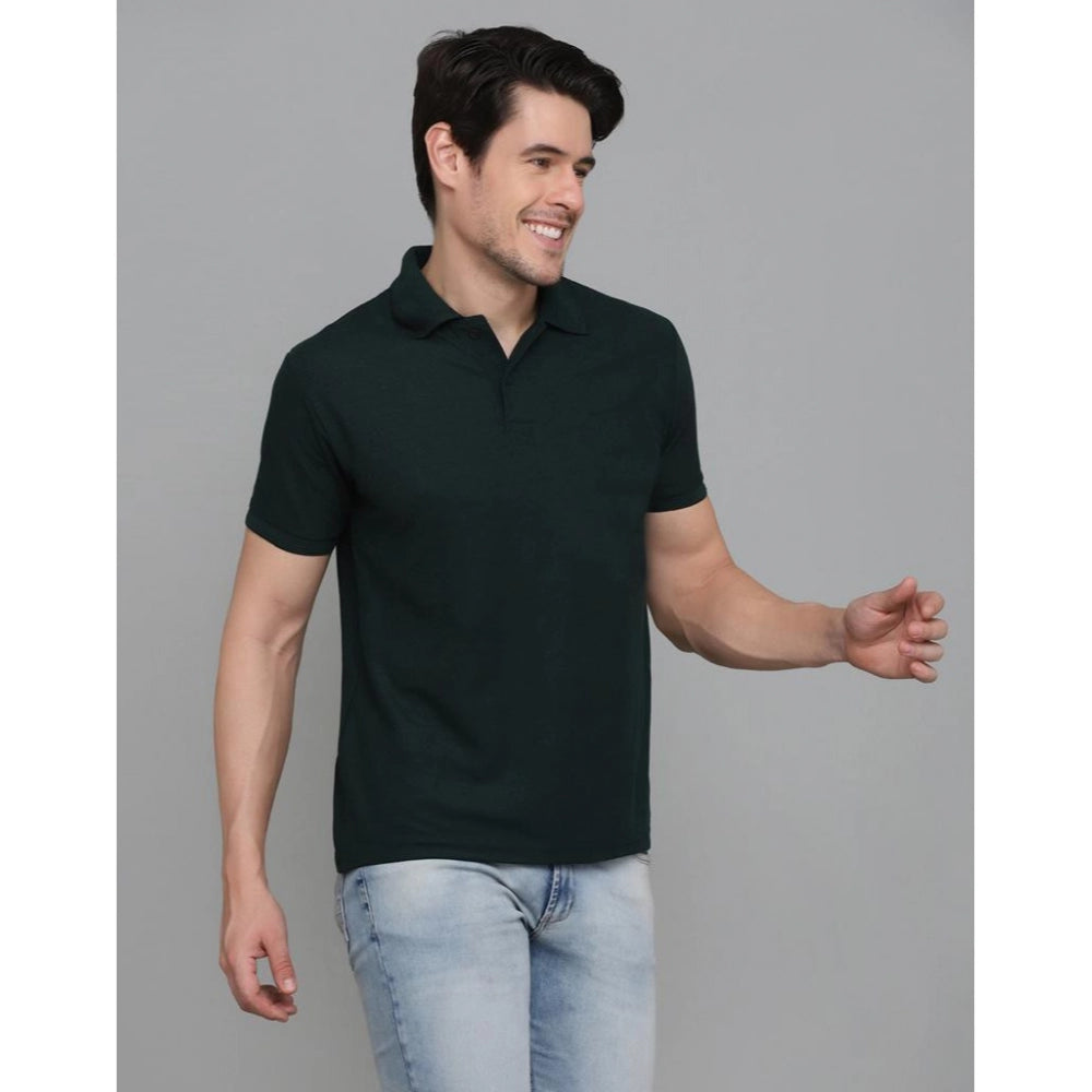 Men's Casual Half Sleeve Solid Cotton Blended Polo Neck T-shirt (Green)