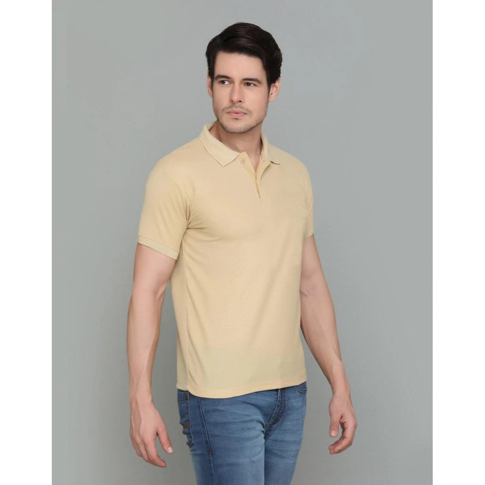 Men's Casual Half Sleeve Solid Cotton Blended Polo Neck T-shirt (Beige)