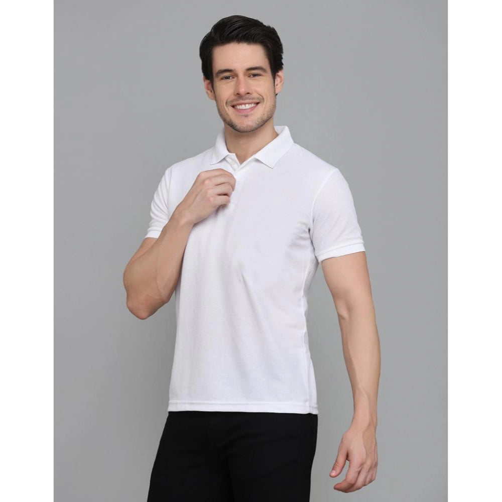 Men's Casual Half Sleeve Solid Cotton Blended Polo Neck T-shirt (White)