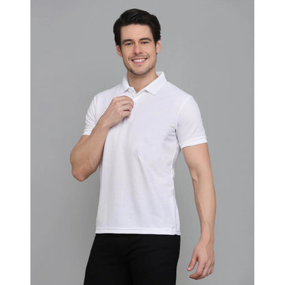 Men's Casual Half Sleeve Solid Cotton Blended Polo Neck T-shirt (White)