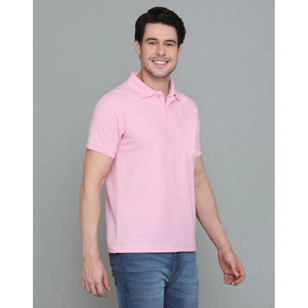 Men's Casual Half Sleeve Solid Cotton Blended Polo Neck T-shirt (Pink)