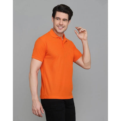 Men's Casual Half Sleeve Solid Cotton Blended Polo Neck T-shirt (Orange)