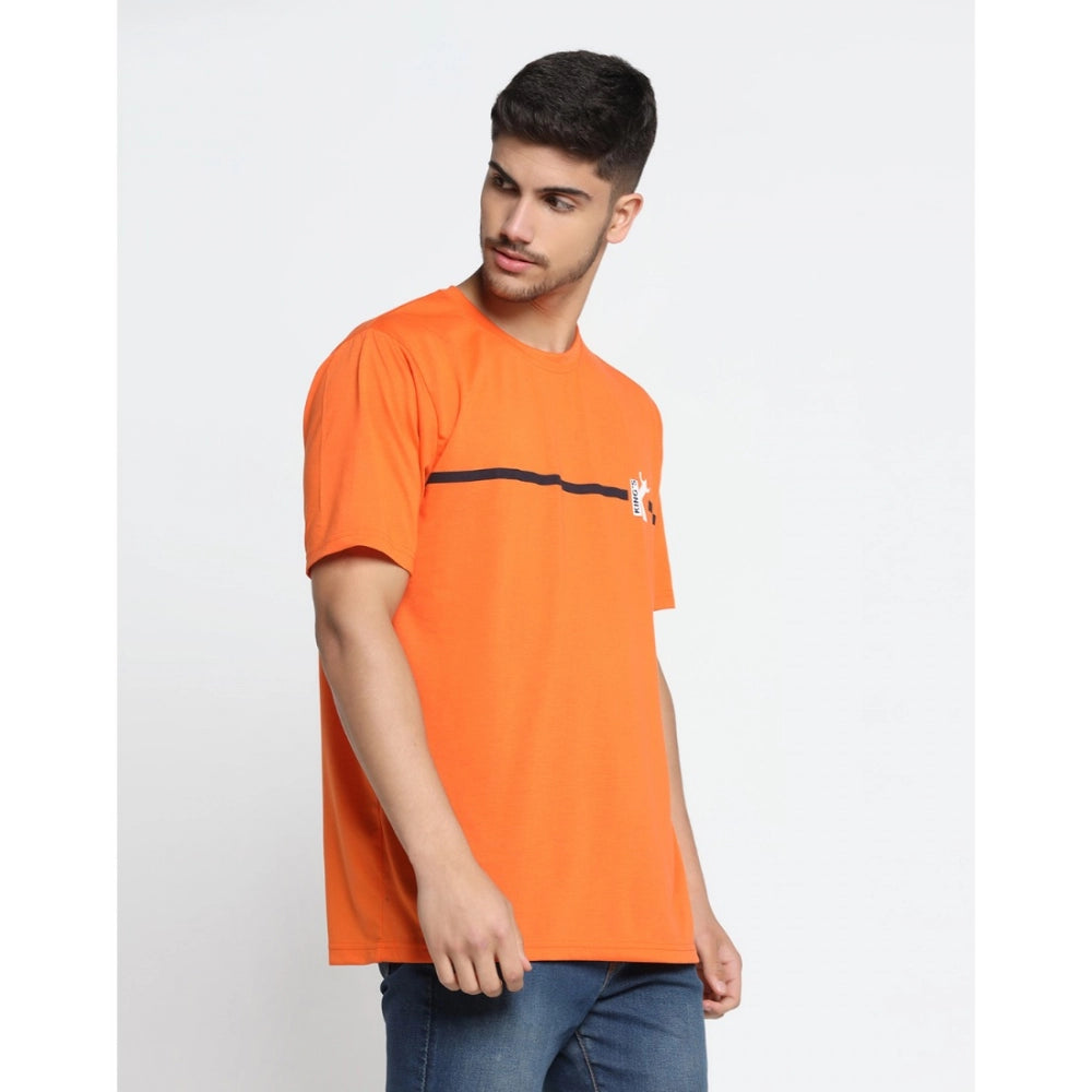 Men's Casual Half Sleeve Printed Cotton Blended Round Neck T-shirt (Orange)