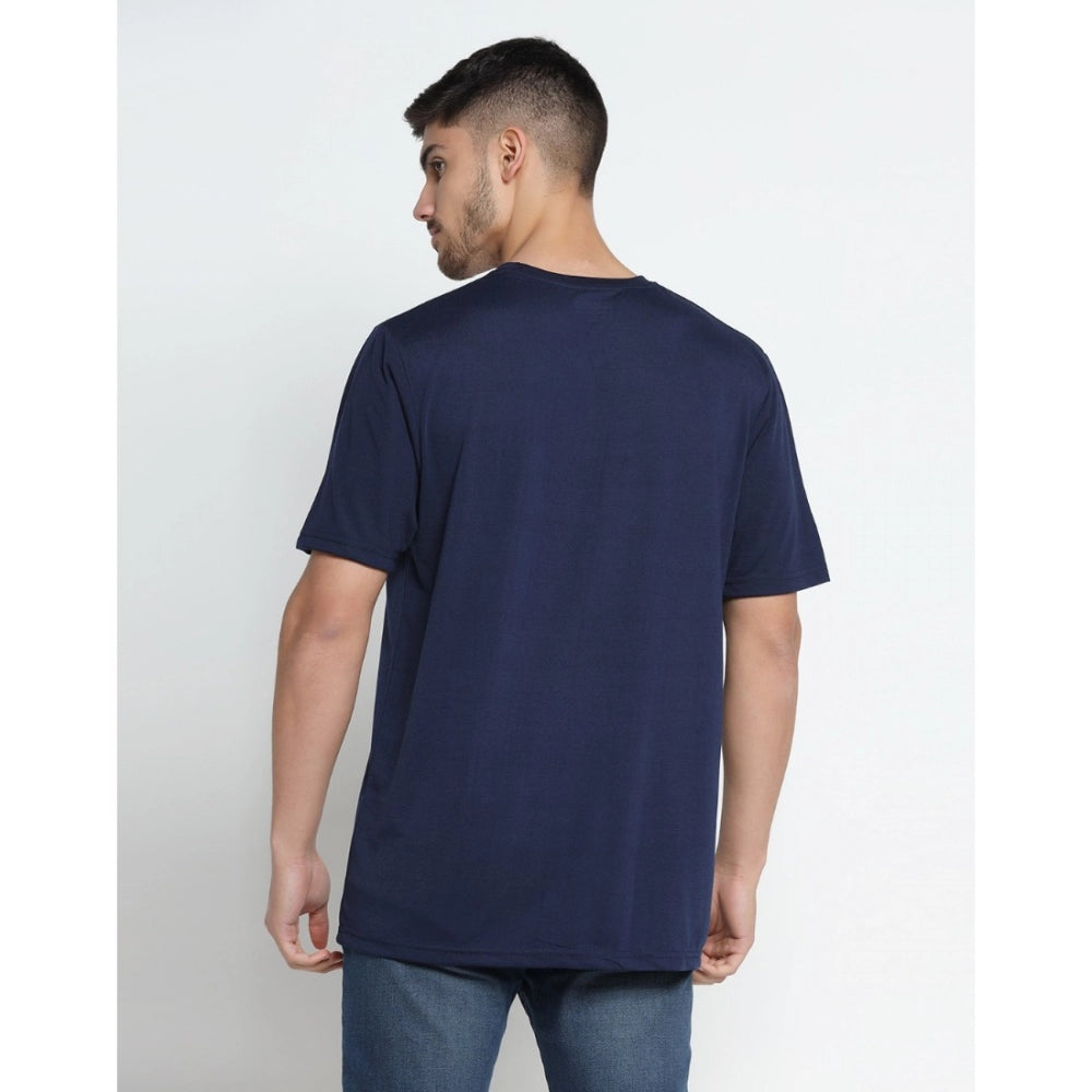 Men's Casual Half Sleeve Printed Cotton Blended Round Neck T-shirt (Navy)