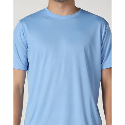 Men's Casual Half Sleeve Solid Polyester Round Neck T-shirt (Sky)