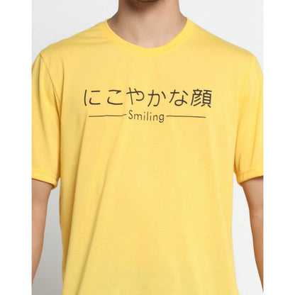 Men's Casual Half Sleeve Printed Cotton Blended Round Neck T-shirt (Yellow)