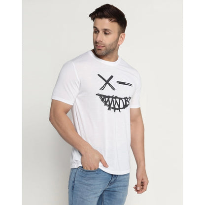 Men's Casual Half Sleeve Printed Cotton Blended Round Neck T-shirt (White)