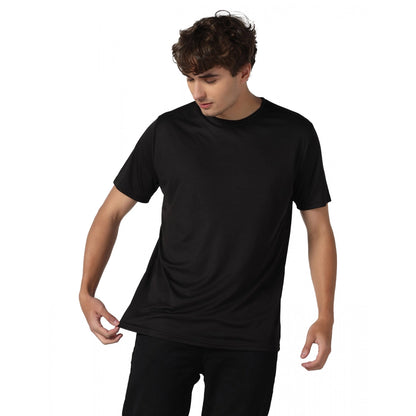 Men's Casual Half Sleeve Solid Polyester Round Neck T-shirt (Black)