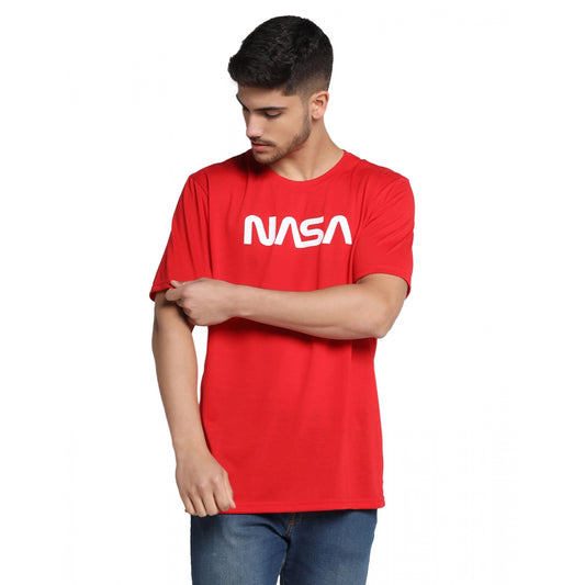 Men's Casual Half Sleeve Printed Cotton Blended Round Neck T-shirt (Red)