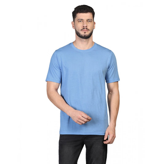 Men's Casual Half Sleeve Solid Cotton Blended Round Neck T-shirt (Sky)