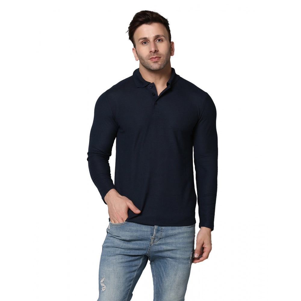 Men's Casual Full Sleeve Solid Cotton Blended Polo Neck T-shirt (Navy)