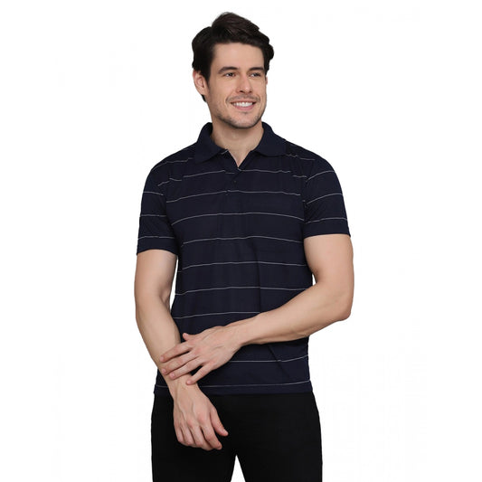 Men's Casual Half Sleeve Striped Cotton Blended Polo Neck T-shirt (Navy)