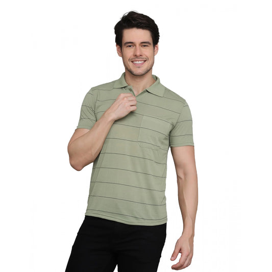 Men's Casual Half Sleeve Striped Cotton Blended Polo Neck T-shirt (L.Green)