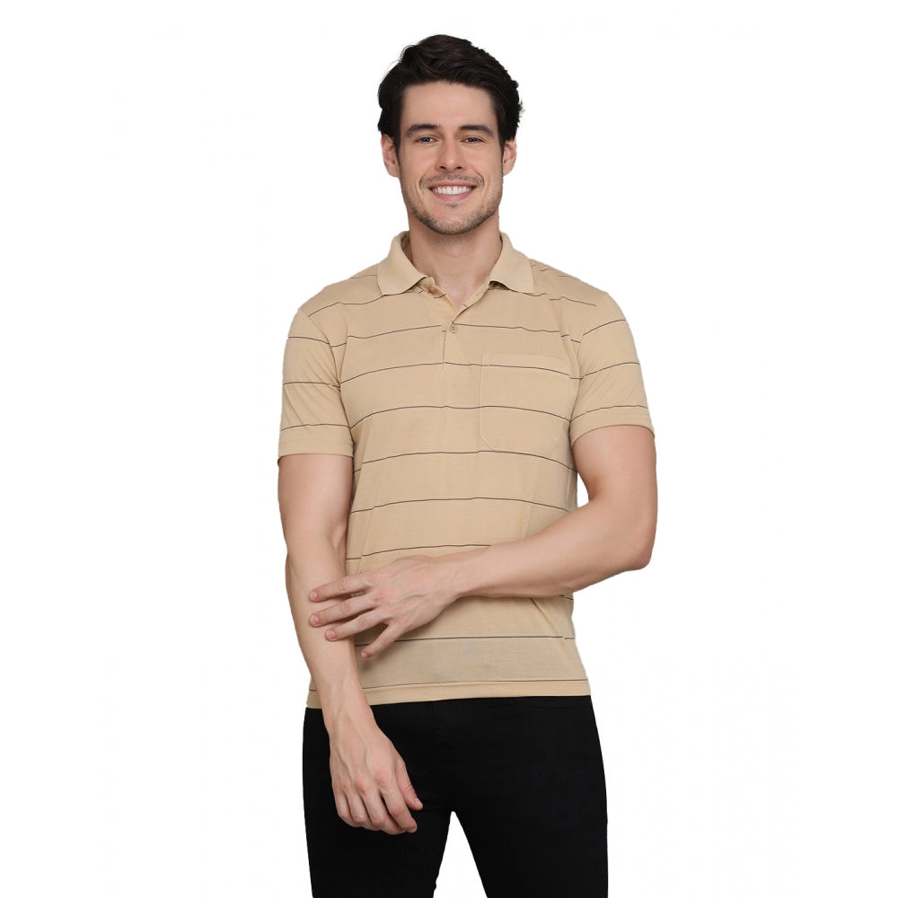 Men's Casual Half Sleeve Striped Cotton Blended Polo Neck T-shirt (L.Beige)