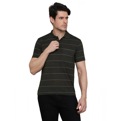 Men's Casual Half Sleeve Striped Cotton Blended Polo Neck T-shirt (Green)