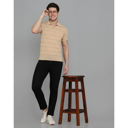 Men's Casual Half Sleeve Striped Cotton Blended Polo Neck T-shirt (L.Beige)