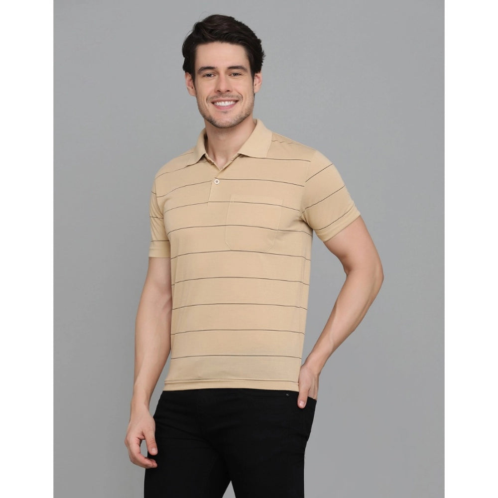 Men's Casual Half Sleeve Striped Cotton Blended Polo Neck T-shirt (L.Beige)