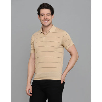 Men's Casual Half Sleeve Striped Cotton Blended Polo Neck T-shirt (L.Beige)