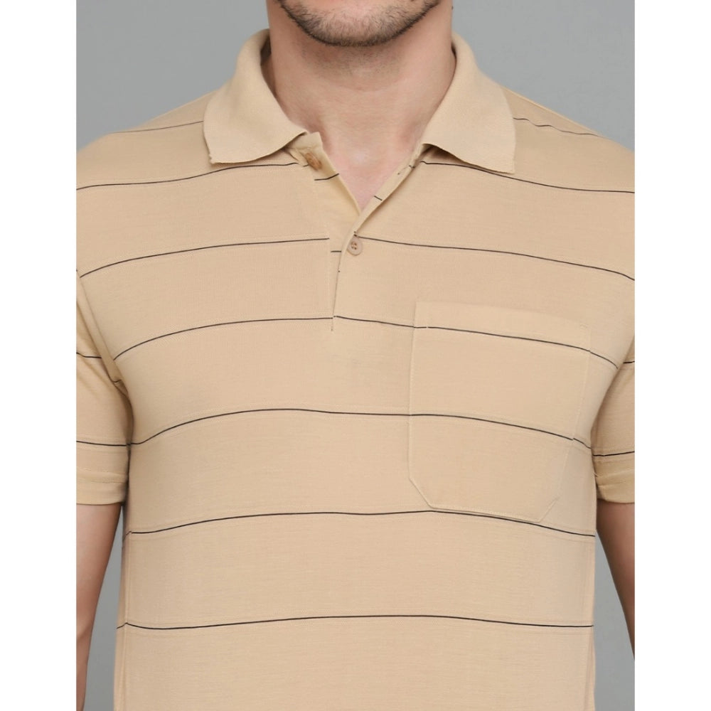 Men's Casual Half Sleeve Striped Cotton Blended Polo Neck T-shirt (L.Beige)