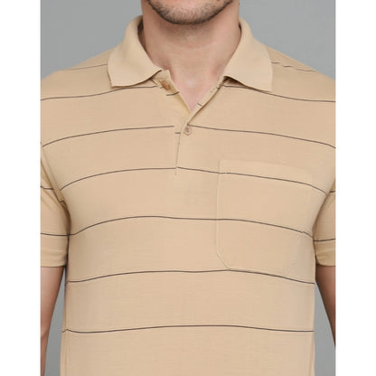 Men's Casual Half Sleeve Striped Cotton Blended Polo Neck T-shirt (L.Beige)