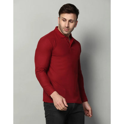 Men's Casual Full Sleeve Solid Cotton Blended Polo Neck T-shirt (Maroon)