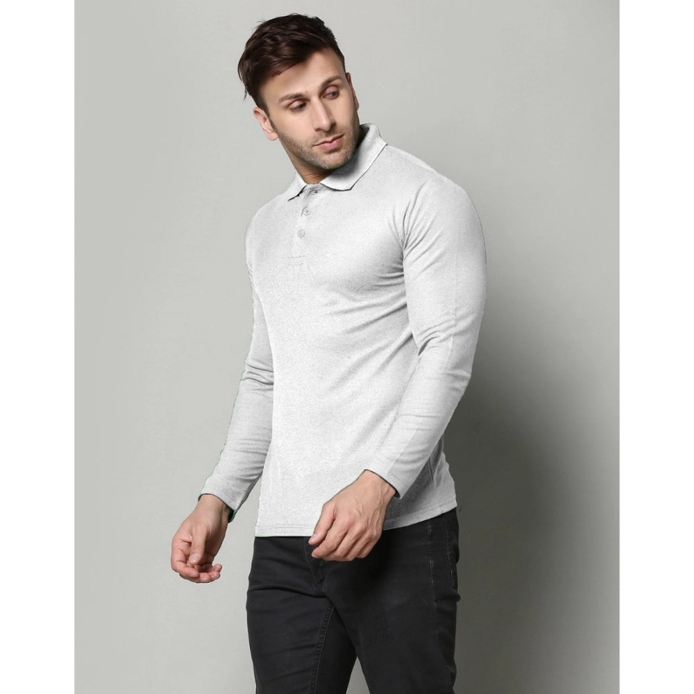 Men's Casual Full Sleeve Solid Cotton Blended Polo Neck T-shirt (L.Grey)