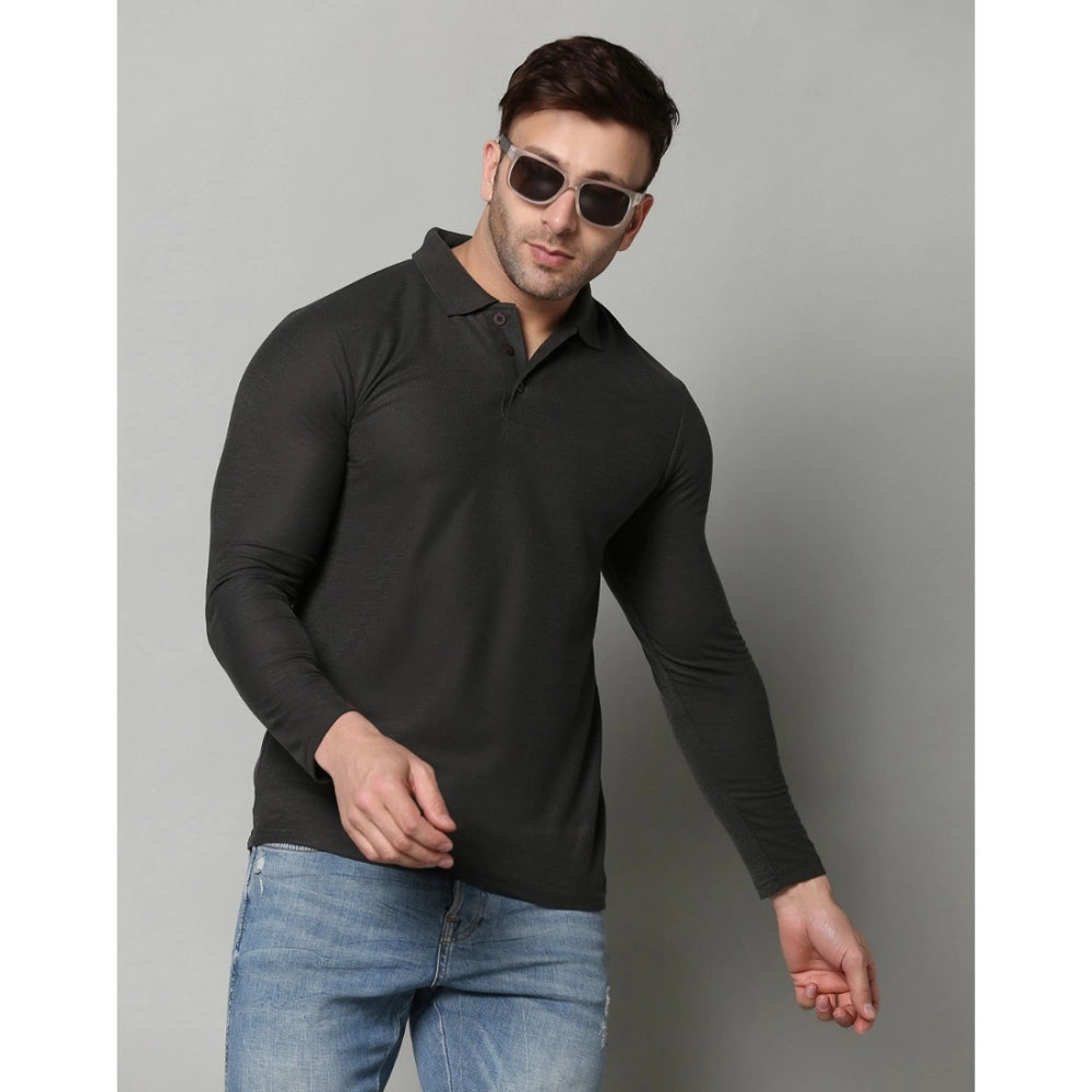 Men's Casual Full Sleeve Solid Cotton Blended Polo Neck T-shirt (D.Grey)