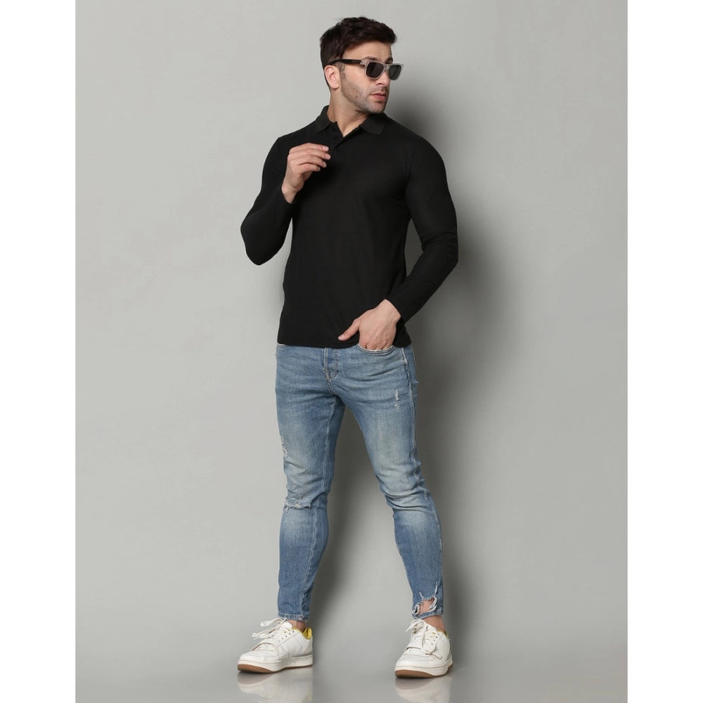 Men's Casual Full Sleeve Solid Cotton Blended Polo Neck T-shirt (Black)