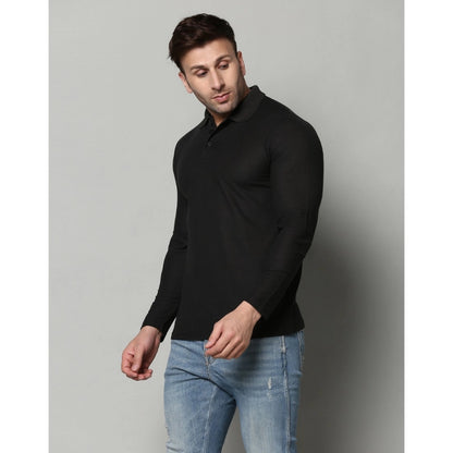 Men's Casual Full Sleeve Solid Cotton Blended Polo Neck T-shirt (Black)