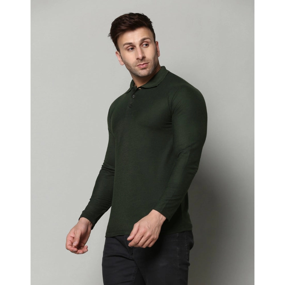 Men's Casual Full Sleeve Solid Cotton Blended Polo Neck T-shirt (B.Green)