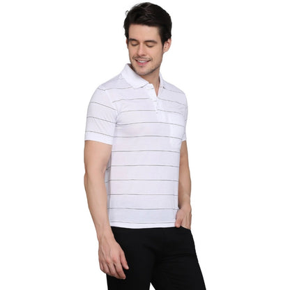 Men's Casual Half Sleeve Striped Cotton Blended Polo Neck T-shirt (White)