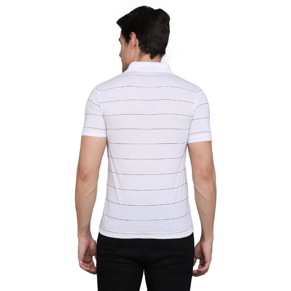 Men's Casual Half Sleeve Striped Cotton Blended Polo Neck T-shirt (White)