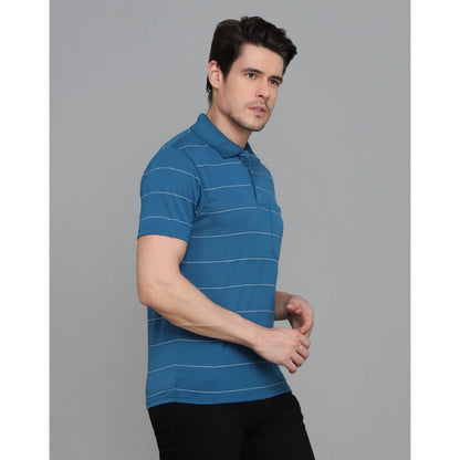 Men's Casual Half Sleeve Striped Cotton Blended Polo Neck T-shirt (Teel Blue)