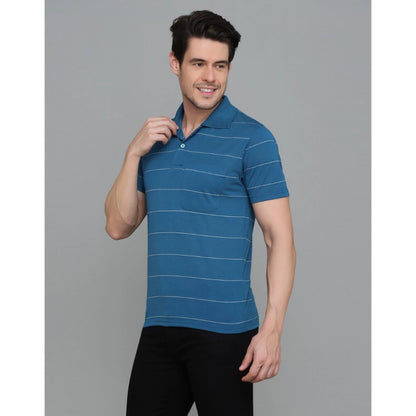 Men's Casual Half Sleeve Striped Cotton Blended Polo Neck T-shirt (Teel Blue)