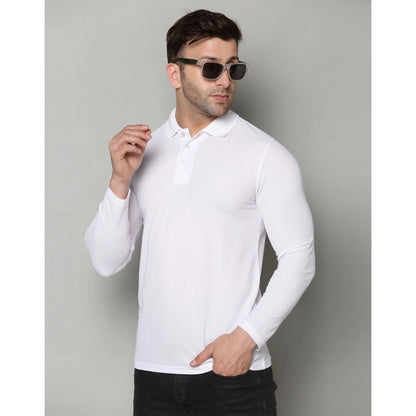 Men's Casual Full Sleeve Solid Cotton Blended Polo Neck T-shirt (White)