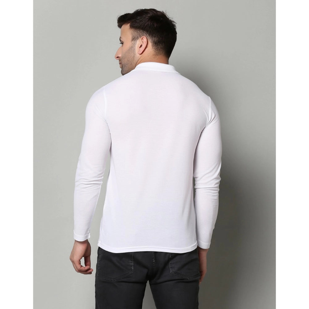 Men's Casual Full Sleeve Solid Cotton Blended Polo Neck T-shirt (White)