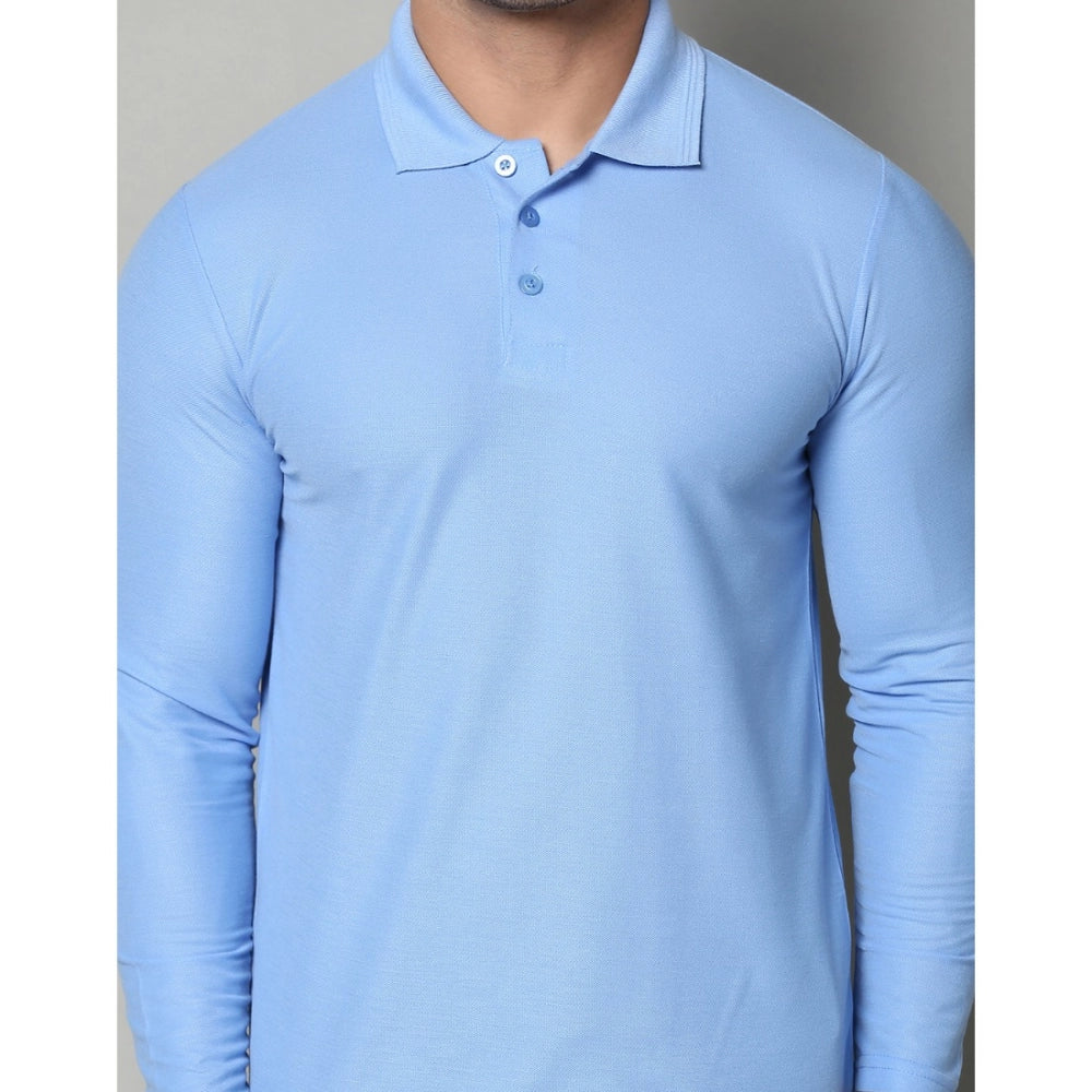 Men's Casual Full Sleeve Solid Cotton Blended Polo Neck T-shirt (Sky)