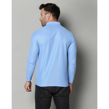 Men's Casual Full Sleeve Solid Cotton Blended Polo Neck T-shirt (Sky)