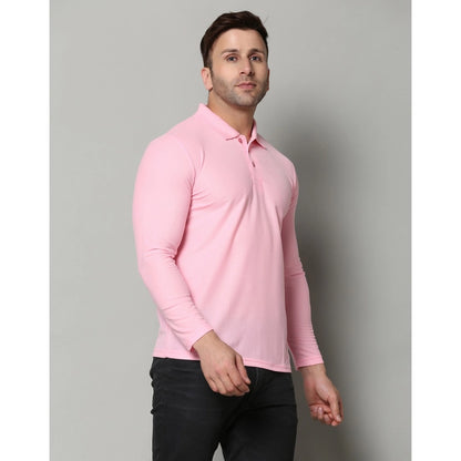 Men's Casual Full Sleeve Solid Cotton Blended Polo Neck T-shirt (Pink)