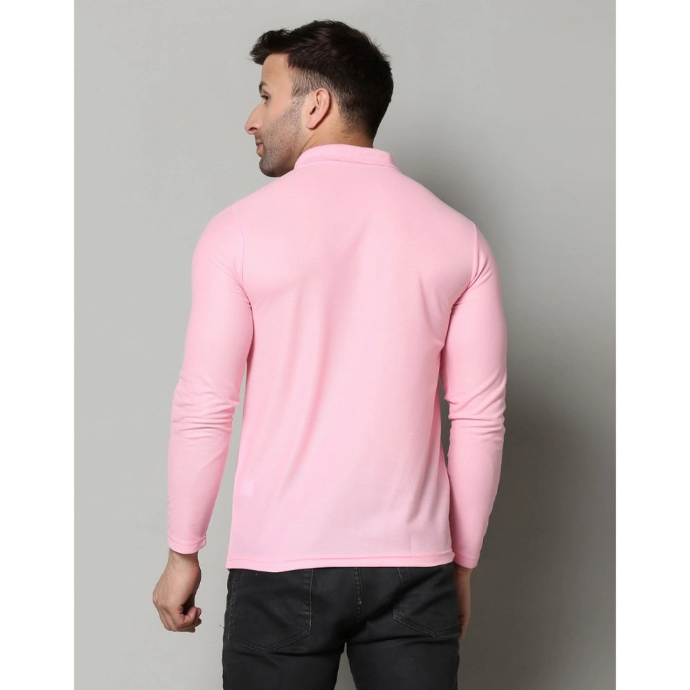 Men's Casual Full Sleeve Solid Cotton Blended Polo Neck T-shirt (Pink)