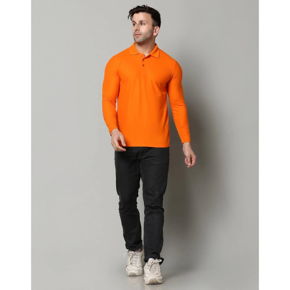 Men's Casual Full Sleeve Solid Cotton Blended Polo Neck T-shirt (Orange)