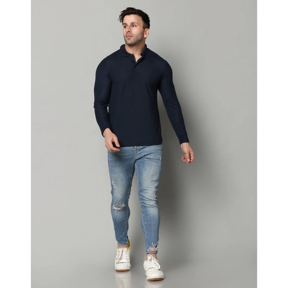 Men's Casual Full Sleeve Solid Cotton Blended Polo Neck T-shirt (Navy)