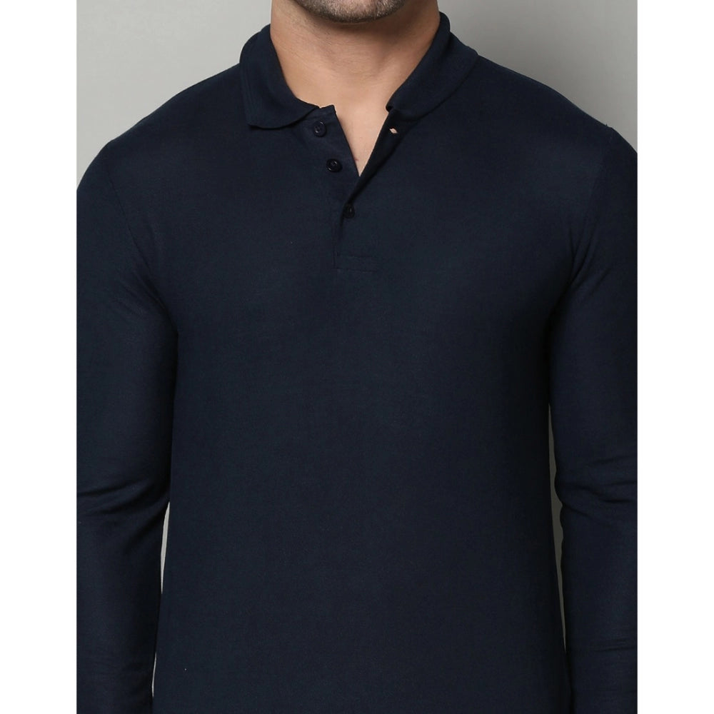 Men's Casual Full Sleeve Solid Cotton Blended Polo Neck T-shirt (Navy)