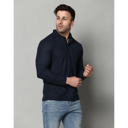 Men's Casual Full Sleeve Solid Cotton Blended Polo Neck T-shirt (Navy)