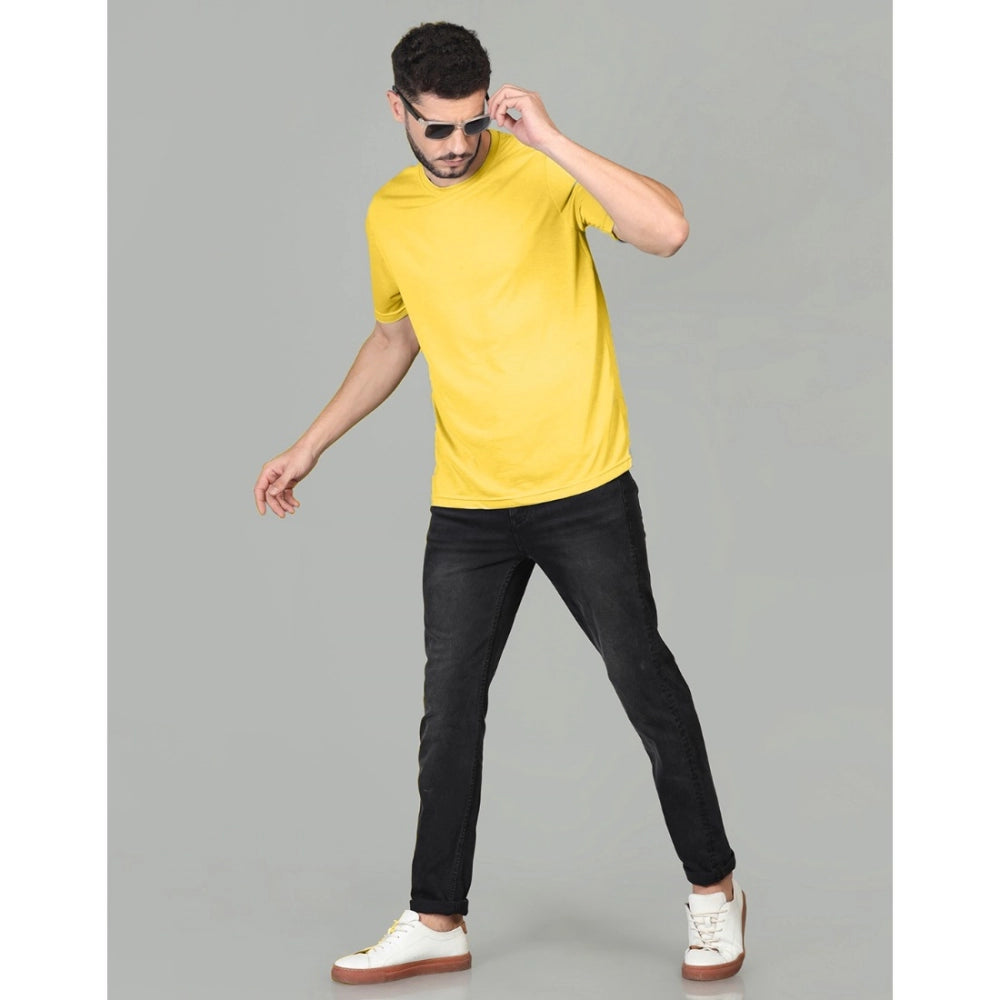 Men's Casual Half Sleeve Solid Cotton Blended Round Neck T-shirt (Yellow)