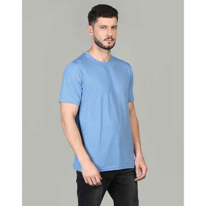 Men's Casual Half Sleeve Solid Cotton Blended Round Neck T-shirt (Sky)